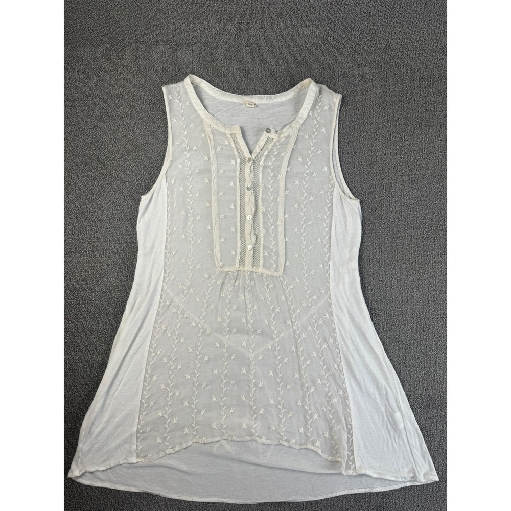 Tiny Anthropologie Top Womens XS Beige Silk Embroidered Sleevelessβ Tunic Henley